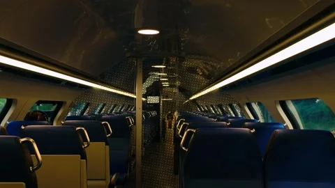 Interior view of empty modern passenger train carriage moving during daily .. Stock Footage 337386425