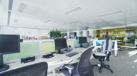 Interior view of empty office work stations in a large contemporary city office Stock Footage 67388689
