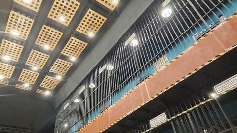 Interior view of a facility with barred windows and overhead lighting. Stock Photos