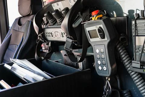 Interior view of a fire trucks control center with essential operation device Stock Photos