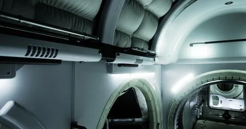 Interior view of a futuristic space capsule showcasing advanced design featur Stock Illustration