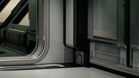 Interior view of a futuristic space station with sleek design and lighting Stock Footage 343571877