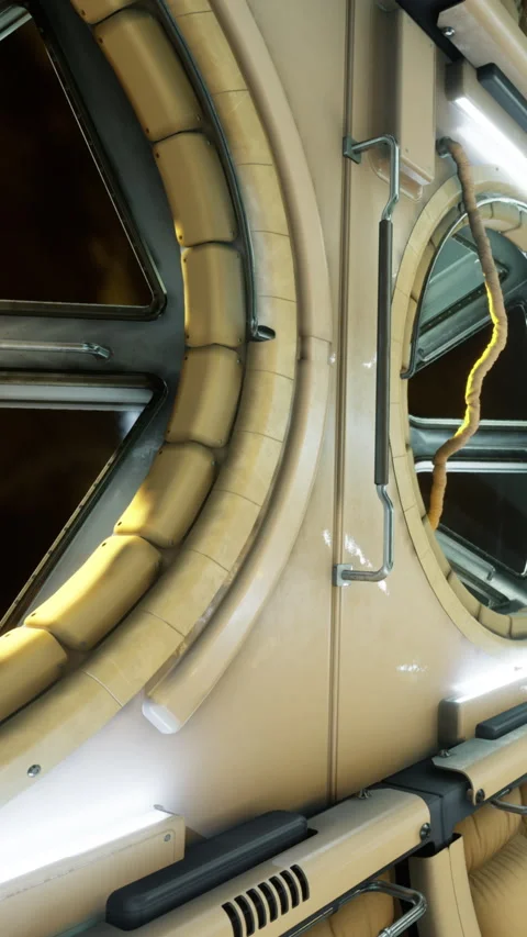 Interior view of a futuristic spacecraft with circular windows and lights Stock Footage 334725133