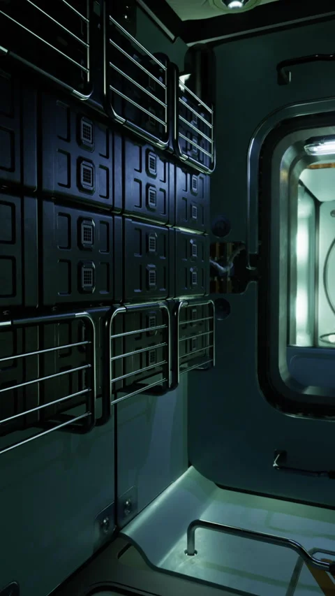 Interior view of a futuristic spacecraft module with illuminated design Stock Footage 329940361