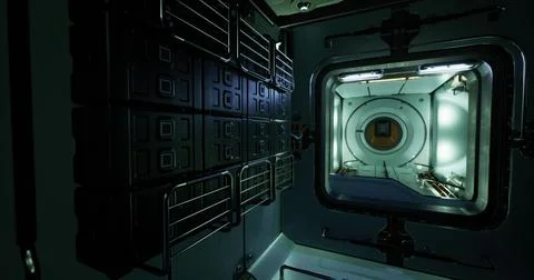 Interior view of a futuristic spacecraft module with illuminated design イラスト素材