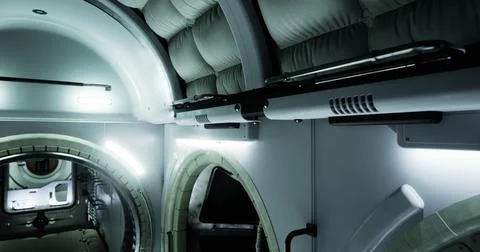Interior view of a futuristic spacecraft module with ambient lighting Illustrazione stock
