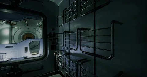 Interior view of a futuristic spacecraft sleeping quarters in low light Stock Illustration