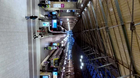 Interior view of Gare du Nord platforms with trains, commuters and a vaulted Stock Footage 331055419