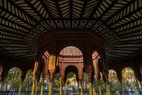 Interior view of the geometric wooden ceiling and ornate arches of the Moorish k Stock Photos