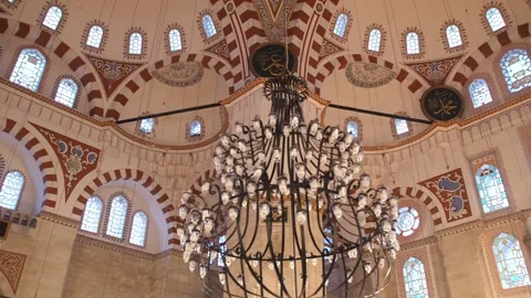 Interior View of Grand Ottoman Mosque Dome and Chandelier in Istanbul 29.11.2022 Stock Footage 344849535
