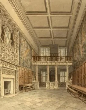 Interior view of the hall at Hardwick Hall in Derbyshire, England, digitally Stock Illustration
