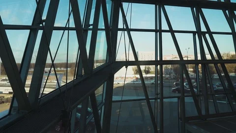 Interior, view of hall of a modern office building, steel and glass elements Stock Footage 99914496
