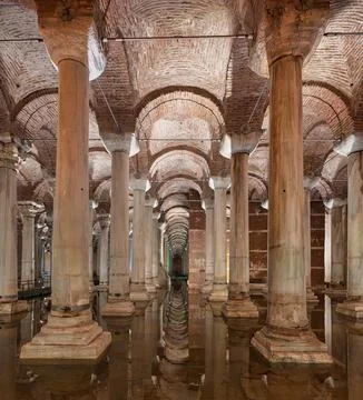 Interior view of the historic Basilica Cistern with marble columns and water Stock Photos