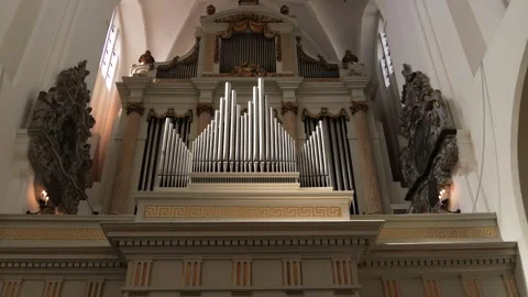 Interior view of historic pipe organ in Saint Peter's Church in Malmo, Sweden Stock Footage 338307264