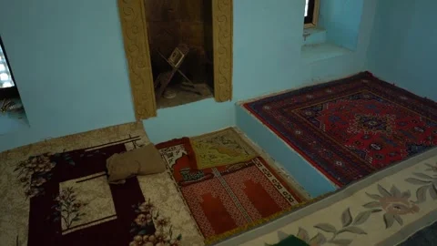 Interior View of Historical Muslim Islamic Mosque floor carpets, mihrab, minbar Stock Footage 253498693