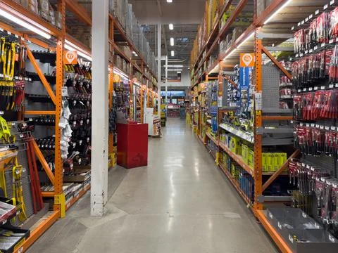 Interior view of Home Depot hardware store aisle. San Diego, California, USA Stock Photos