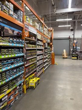 Interior view of Home Depot hardware store aisle. San Diego, California, USA Stock Photos