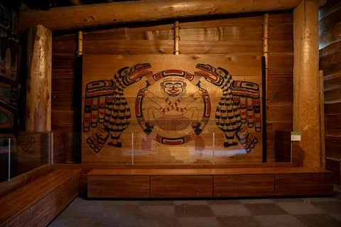 Interior view of Indigenous wood panel artwork in museum. Gatineau, Canada - Stock Photos