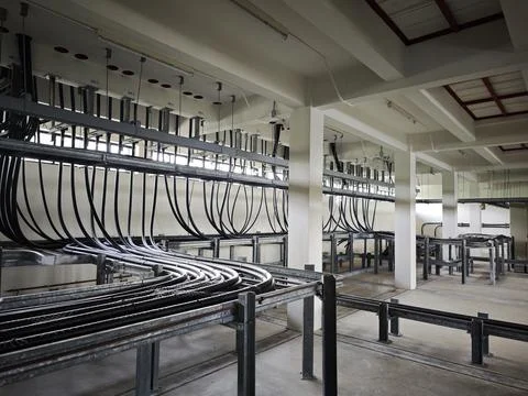 Interior view of industrial electrical cable spreading room basement. Stock Photos