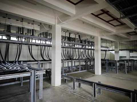 Interior view of industrial electrical cable spreading room basement. Stock Photos