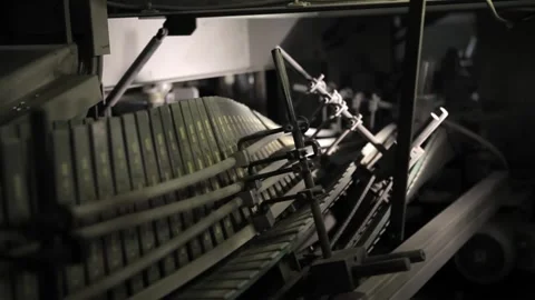 Interior view of industrial printing machine showing mechanical details Video stock 318134480