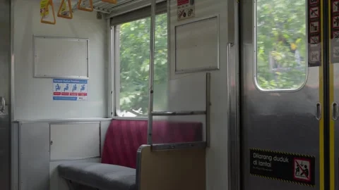 Interior View From Inside Empty Moving Train In Indonesia, Window Side Stock Footage 268002907