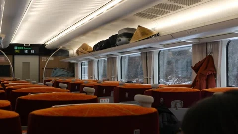 Interior view inside express train cabin while running moving through snowy.. Video stock 339574436