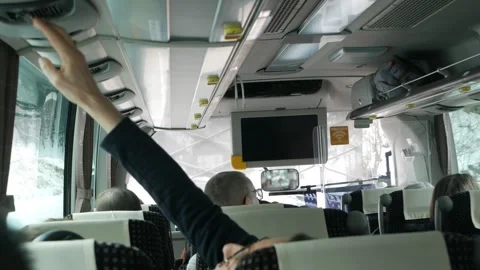 Interior view inside tour travel bus in Takayama Japan while driving throug.. Video stock 339574181