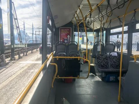Interior view of Istanbul bus while passing on Galata Bridge in Istanbul Stock Photos