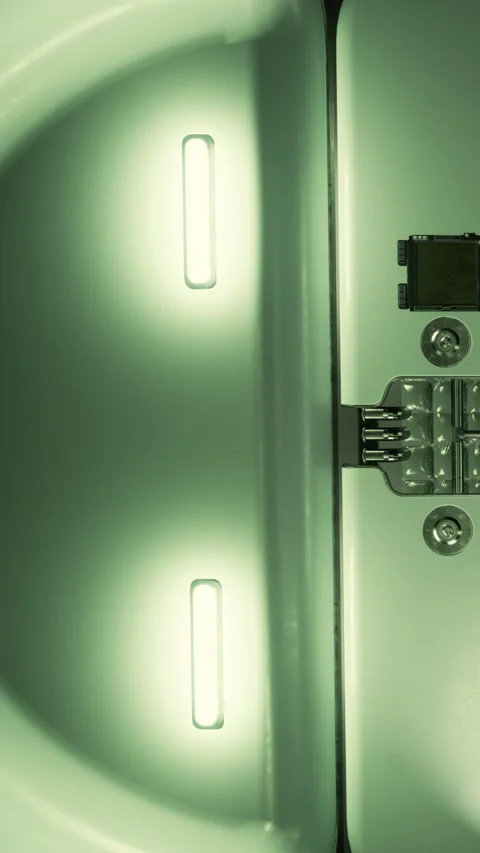 Interior view of a metal cabinet showing its design and light features Stock Footage 337972229