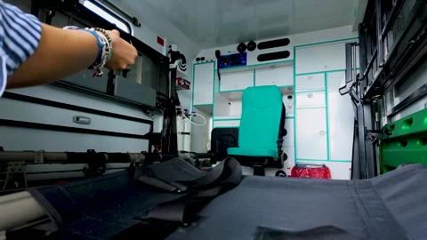Interior View Of Modern Ambulance Vehicle With Medical Equipment And Stretcher Video stock 342086007