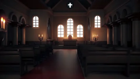 Interior View of Modern Church With Empty Bench. Lighting Candles Inside Chur Vidéo 260691434
