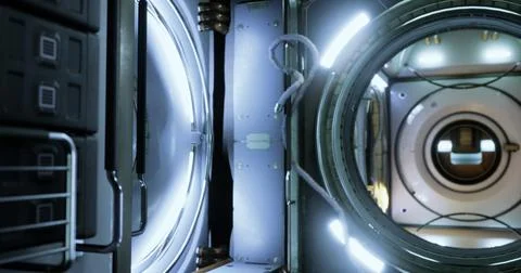 Interior view of a module in the International Space Station with bright ligh Illustrazione stock