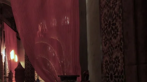 Interior view of a Moroccan space with sheer curtains and tiled patterns Stock Footage 342801010