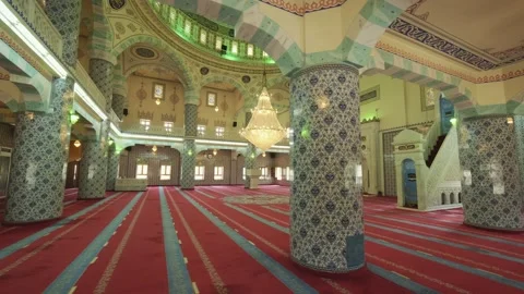 Interior view of mosque. columns decorated with tiles.4K. Stock Footage 156015904