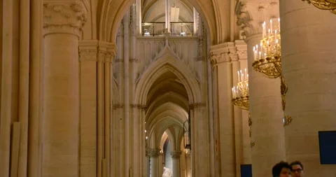 Interior view of Notre Dame Cathedral in Paris featuring columns, arches, and Stock Footage 313588682