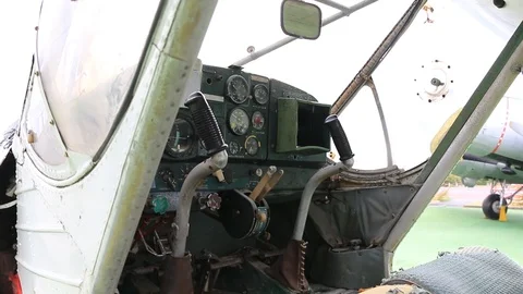Interior view of the old airplane cockpit Video stock 89147465
