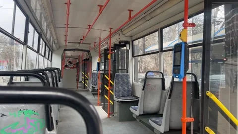 Interior View Old Bulgarian Tram Sofia Passengers Boarding Deboarding 스톡 동영상 323913027