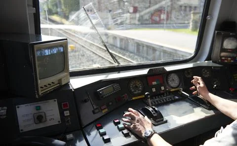 Interior view of the pilot hands and instrument panel cockpit of ancient trai 写真素材
