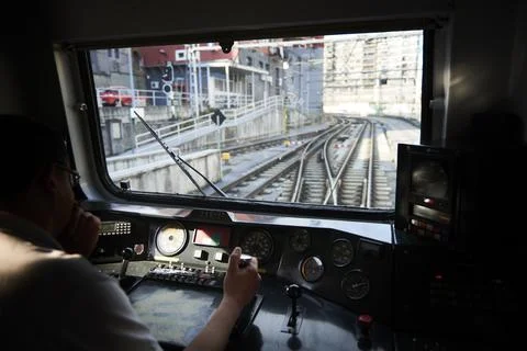 Interior view of the pilot hands and instrument panel cockpit of ancient trai Stock Photos