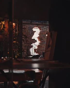 Interior View of Prague Cafe with Exposed Brick Wall Stock Photos