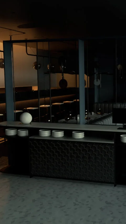 Interior view of a restaurant with a bar and tables in the evening light Stock Footage 337944416