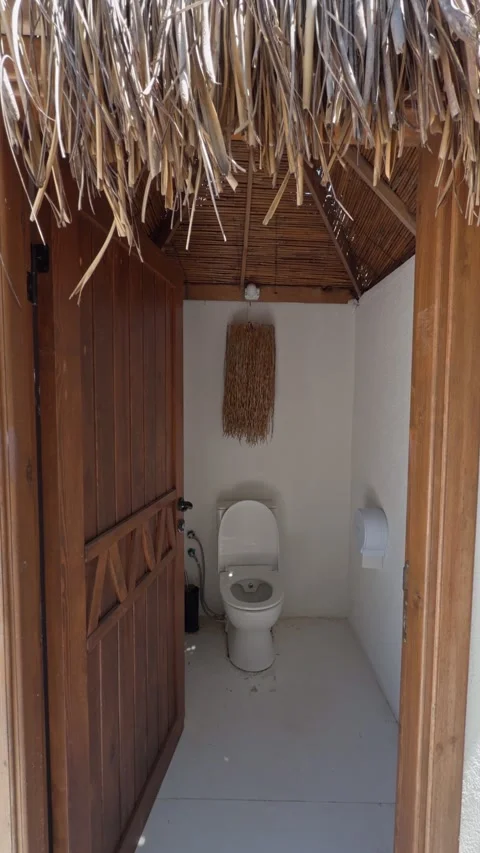 Interior View of Rustic Wooden Toilet Stall with Thatched Roof Stock Footage 343722934