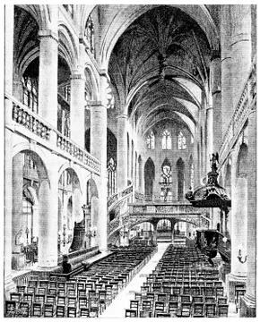 Interior view of Saint-Etienne du Mont, vintage engraving. Stock Illustration