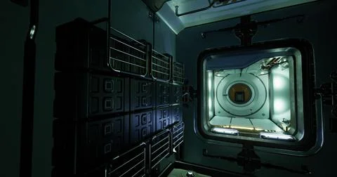 Interior view of a sci fi space station module with illuminated hatch Ilustración de archivo