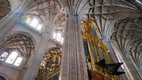 Interior view of Segovia Cathedral with gothic architecture, vaulted ceiling Видео 332817856