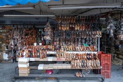 Interior view of shoe stall at San Juan de Dios Market in Guadalajara city Stock Photos