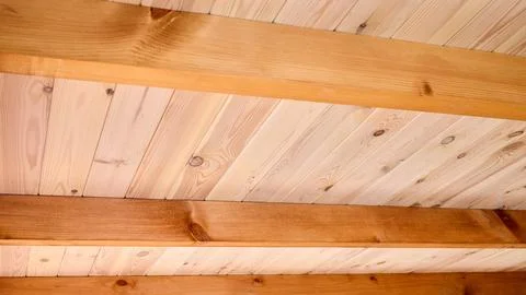 Interior view showcases rustic wooden ceiling crafted from natural Douglas fi Фото
