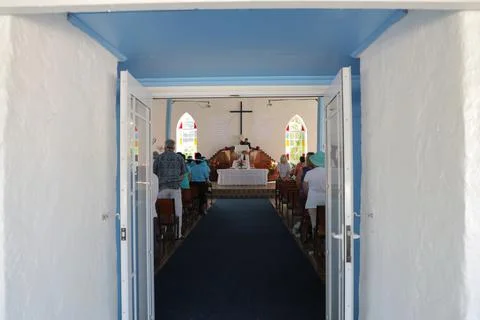 Interior View of small local Cook Islands Christian Congregational Church Stock Photos