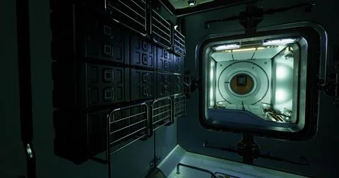 Interior view of a space module showing an airlock and equipment Ilustración de archivo